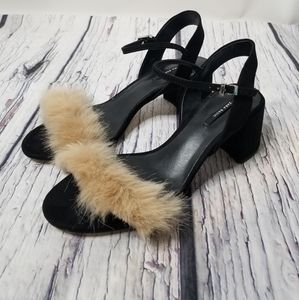 Zara Black Faux Fur Vamp Block Heel Sandals